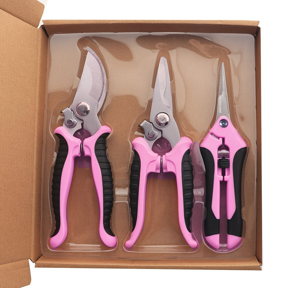 3 piezas de Tijeras de Poda de Flores Profesionales Rosa, Cuchillas de Acero Inoxidable - Conjunto de Herramientas de Poda de Jardín Portátiles Ergonómicas con Embalaje de Caja, Ideal para Cortar Flores, Frutas y Verduras, Herramientas de Poda de Jardín