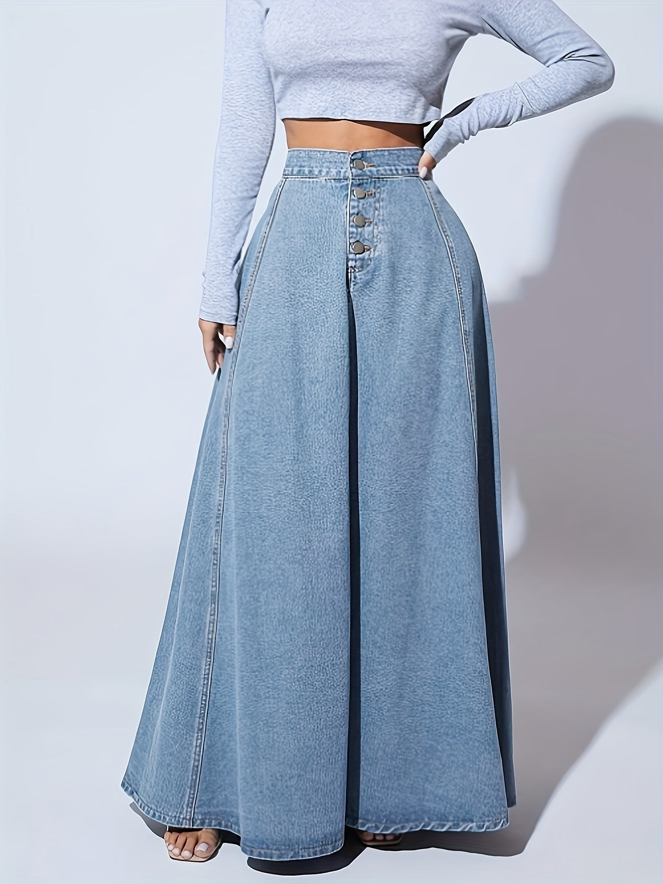 Falda de mezclilla de cintura alta para mujer con cierre frontal y bolsillos con solapa - Color azul claro, tejido no elástico, ideal para primavera/verano/otoño, ropa casual a semi-formal, atuendo casual | Falda con botones | Tejido no elástico