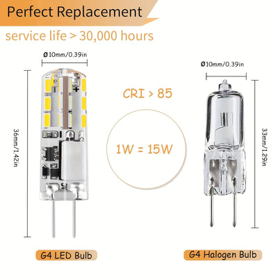 Paquete de 10 Bombillas LED G4 con Base JC Bi-Pin 1W AC/DC 12V Luz Diurna Blanca 6000K, Cálida Blanca 2700K 3000K para Cocina, Horno Microondas, Campanas Extractoras, Iluminación Subarmario, Lámpara Redonda, Arandelas, Luces de Paisaje