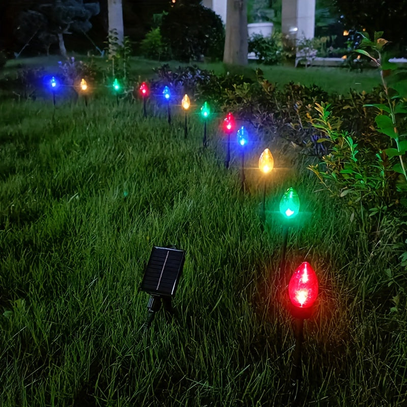 Un Juego de Doce Luces Decorativas Solares C9 para Exteriores, Decoración Navideña de Césped con Enchufe de Tierra, Luces de Colores con 12LED