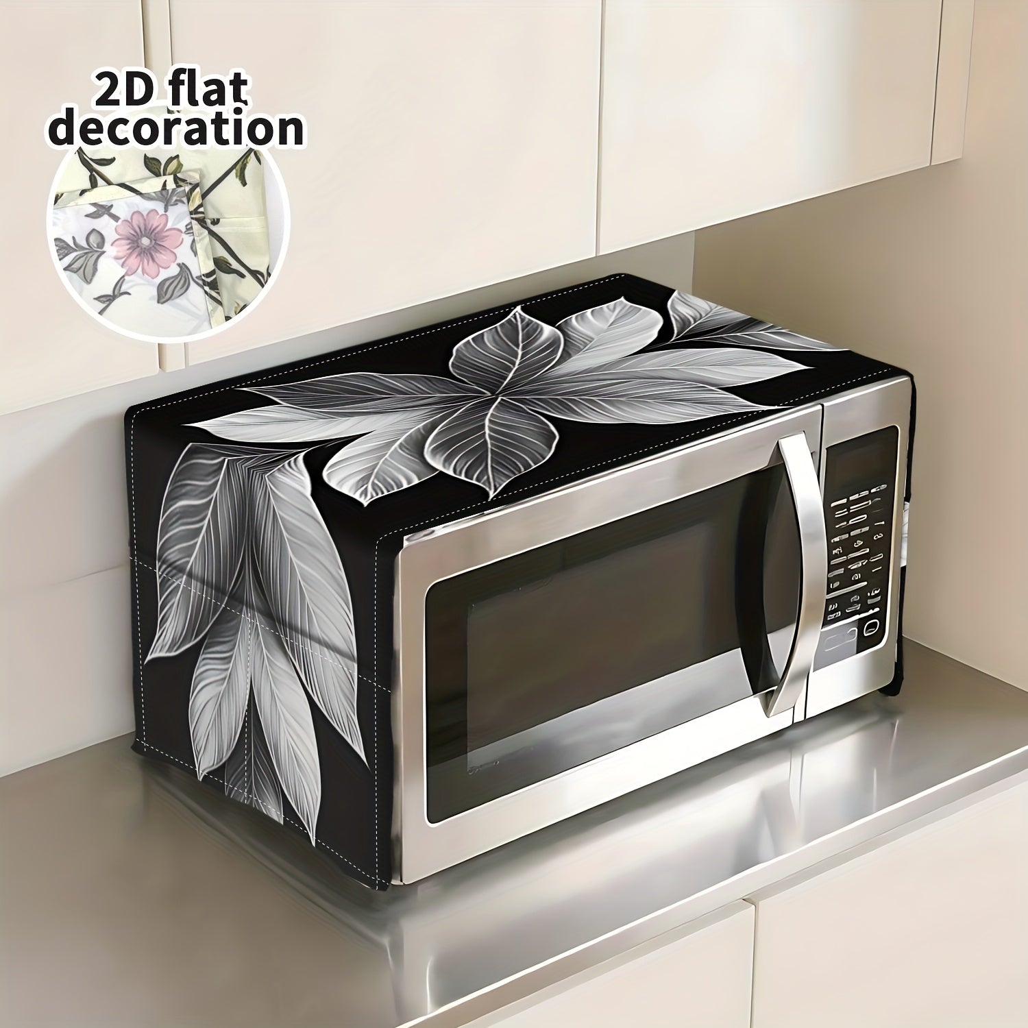 2D Plano, Moderno Minimalista Cubierta de Polvo para Microondas con Patrón de Hojas Negras y Grises - Protector Duradero para Electrodomésticos de Cocina, Bolsa de Almacenamiento Colgante que Ahorra Espacio para Horno Microondas, Organización de Encimere