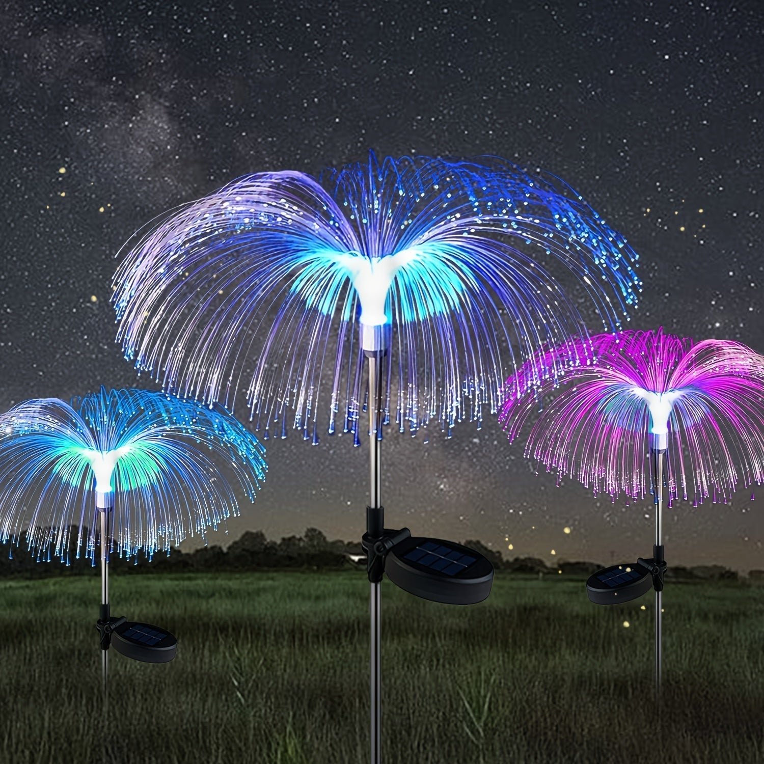 Un conjunto de luces de medusa solar de una capa que cambian de color, diseñadas para decoración al aire libre, adecuadas para jardines, caminos y ocasiones festivas como Halloween, Navidad y Año Nuevo.