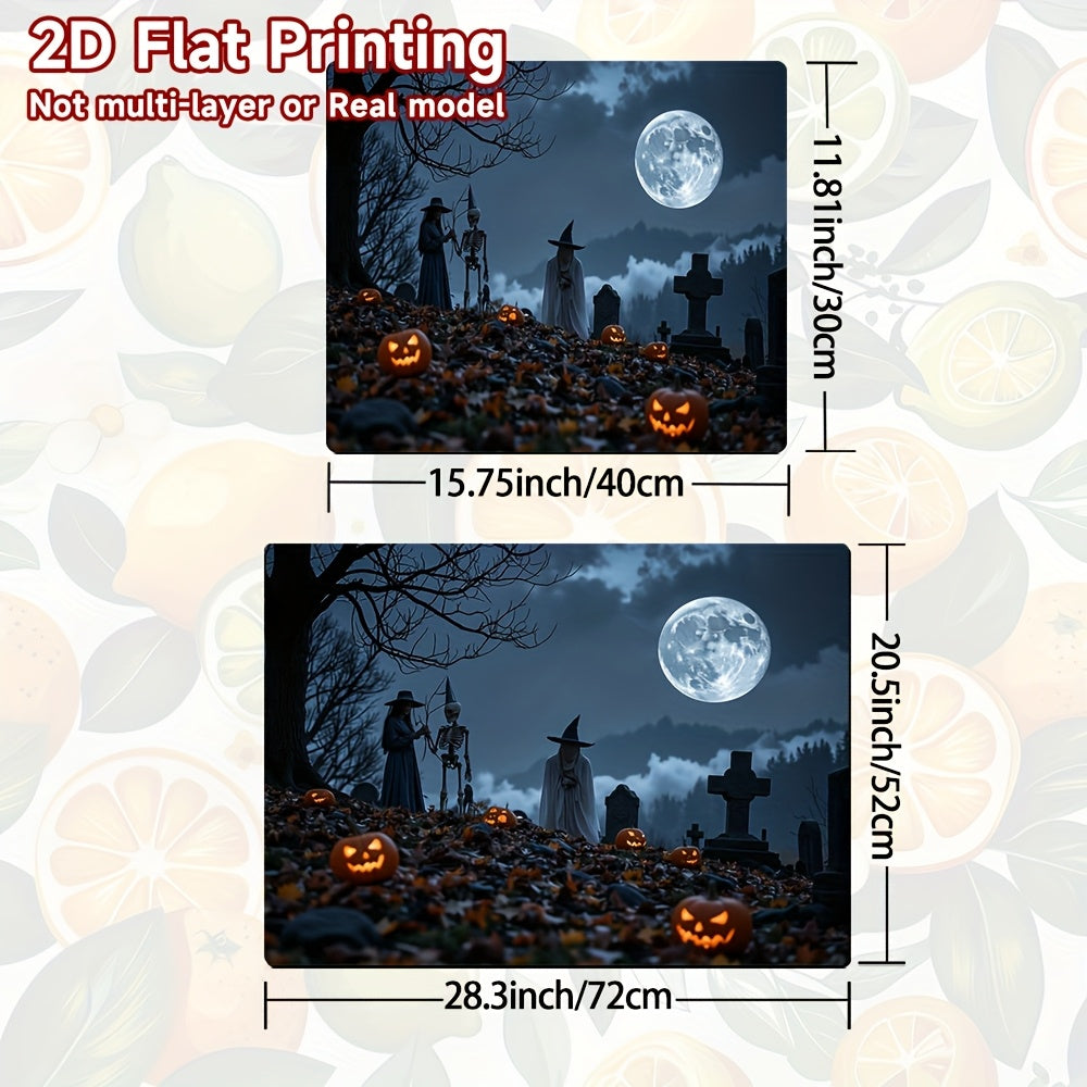 1pc Protector de Encimera para Cocina de Halloween - Decoración Espeluznante con Calabazas, Sombreros de Bruja y Escena de Cementerio - Superficie Antideslizante, Fácil de Limpiar en Poliéster para Estufa, Lavadora, Secadora, Cafetera - Ideal para Decora