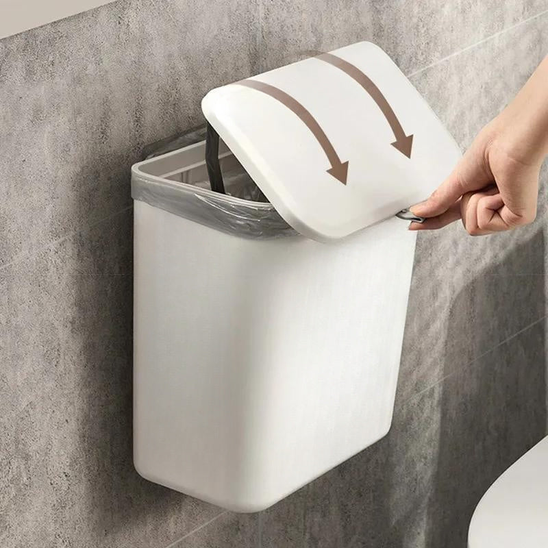 Cubo de basura de cocina sin contacto, montado en la pared con tapa de presión manos libres - Diseño rectangular duradero de plástico ahorrador de espacio para baño y cocina, contenedor de residuos higiénico, cubo de basura de cocina, cubo de basura ahor