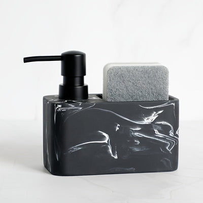 Dispensador de jabón con diseño de mármol en blanco y negro y portaesponja, ideal para decorar el baño