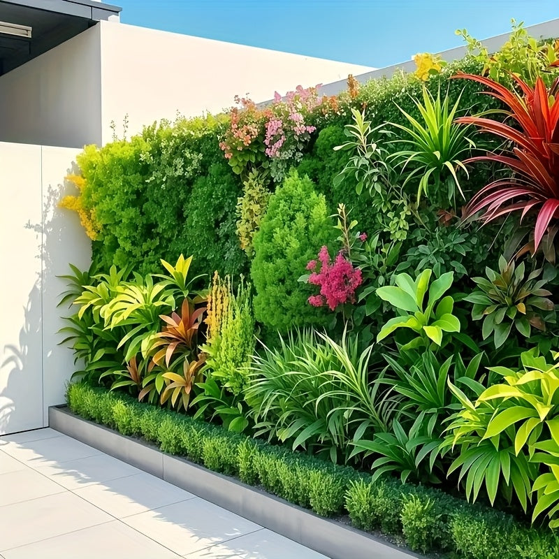 Cuatro paneles grandes (11,3 pies cuadrados) con arte de pared de plantas artificiales de alta calidad, mostrando agave, helechos persas, hojas de palma y flores con texturas realistas. Ideales para decoración de interiores y exteriores, hechos de plásti