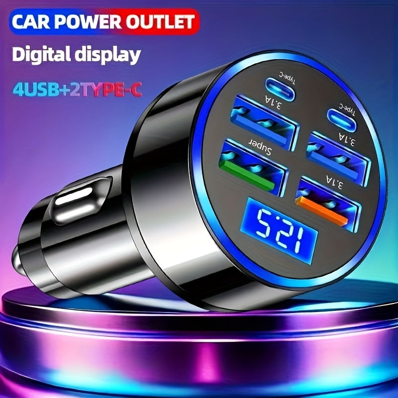 1pc, Cargador de coche, Carga rápida, 6 en 1, 4 USB + 2 PD Soporta la carga de múltiples dispositivos simultáneamente, Conector de protocolo de carga rápida genuino, Cargador de coche de 6 puertos, Carga rápida con pantalla digital, Cargador de coche per