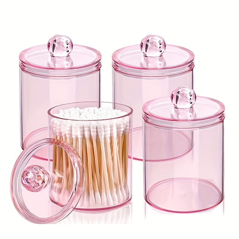 4 Paquetes de Portaqtips de Plástico Rosa Dispensador de 10Oz con Tapas, Frascos de Aromaterapia Contemporáneos con Vista al Ventana, Organizador de Maquillaje de Tocador de Baño para Bolas, Hisopos, Almacenamiento de Hilo Dental, Contenedores de Almacen