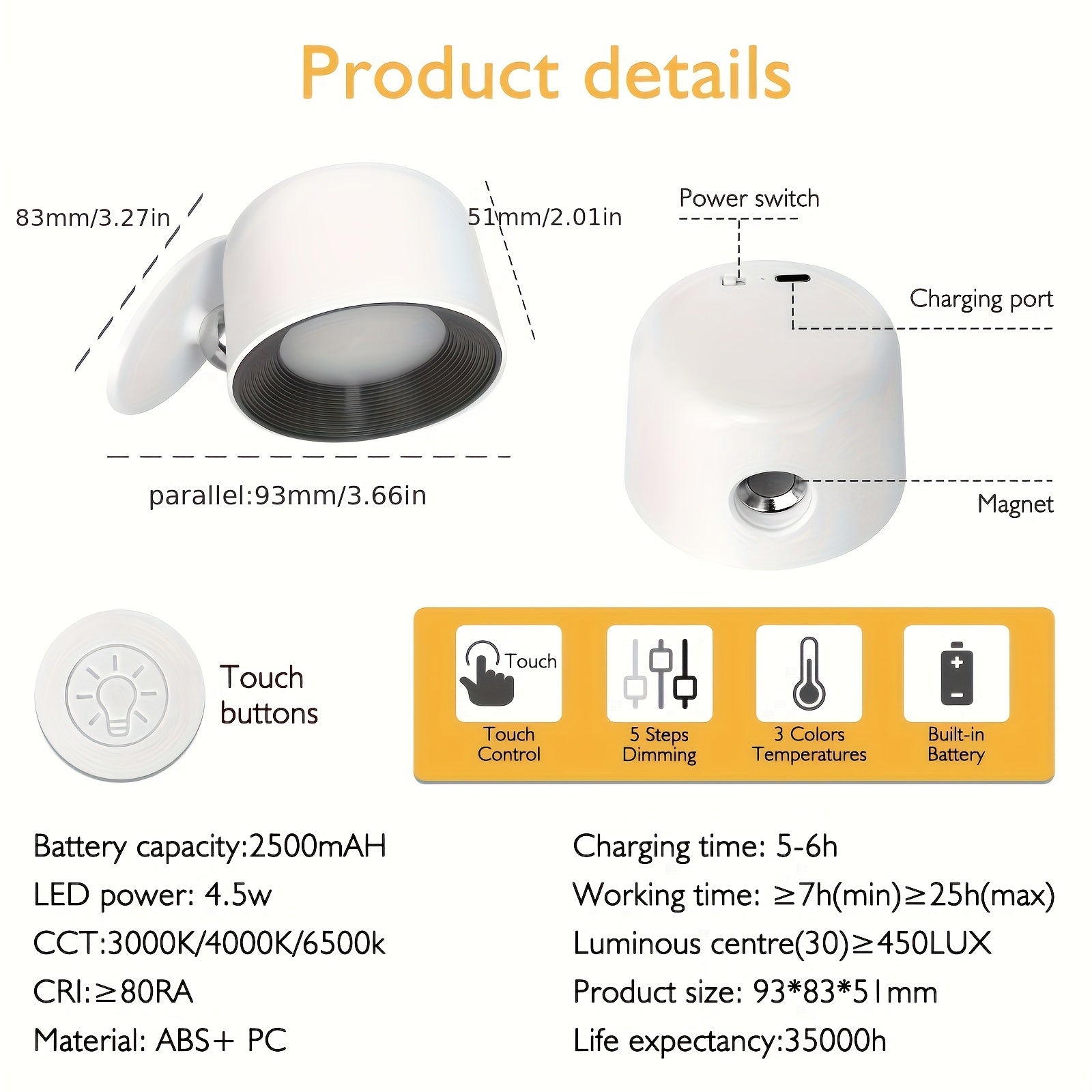 Linterna magnética de pared, lámpara pequeña táctil con rotación 360°, luz nocturna para dormitorio, cambio de colores RGB, control remoto y apagado programable, regulable, carga USB, ideal para habitaciones, salones y pasillos
