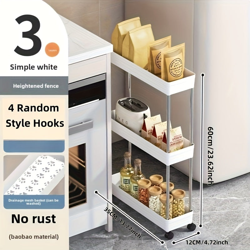 Carrito de Almacenamiento Móvil Multifuncional de 3 capas/4 capas: Diseño de Drenaje Hueco, Solución de almacenamiento ultrafino adecuada para cocina, baño, lavandería, estante angosto y combinación de estantería rodante, crea un organizador eficiente de