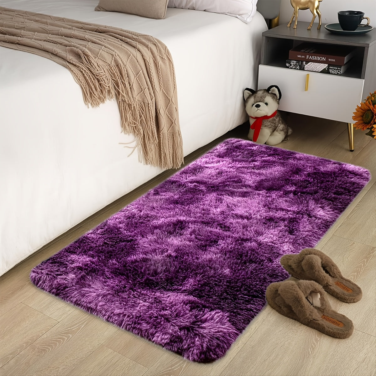 1 pieza, alfombra de pelo artificial de tejido de felpa de color morado oscuro con estampado de rayas, cómoda, suave, cálida, linda y texturizada, alfombra decorativa mejorada con espuma gruesa y suave, no se cae, fácil de cuidar, alfombra de larga banda