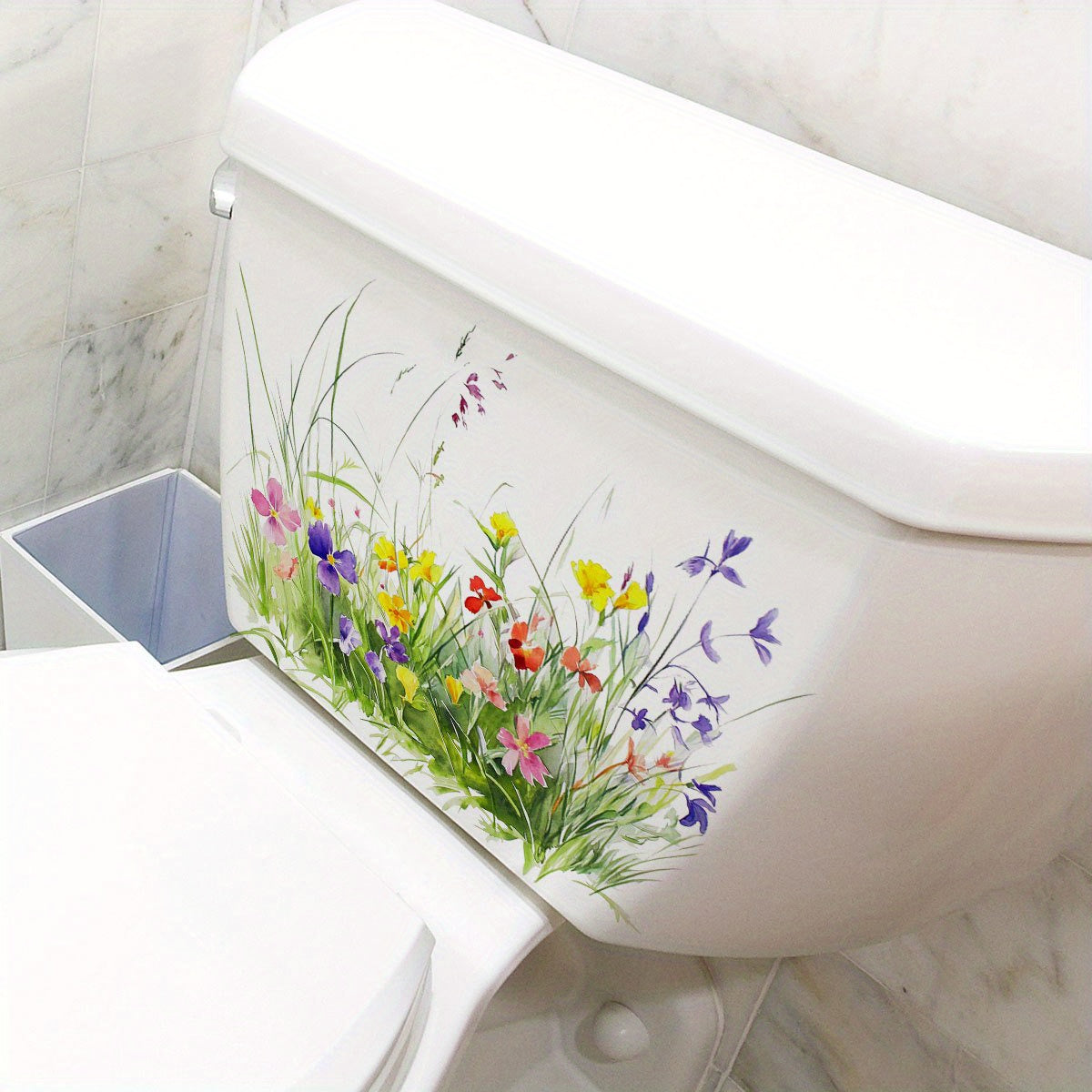 Calcomanía floral minimalista para tapa de inodoro - Decoración elegante para baño, adhesivo plástico autoadhesivo con diseño de flores silvestres vibrantes, acabado mate, perfecto para decorar hogares y baños públicos
