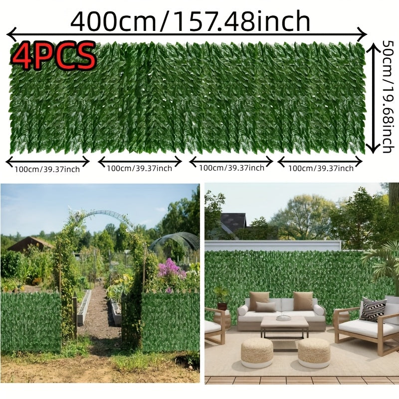 4 paneles de hiedra artificial resistente a los rayos UV, 400 cm x 50 cm, pantalla verde de plástico duradero, ideal para exteriores/interiores - decoración de patio, jardín, bodas y festivales (sin mantenimiento, impermeable), sombra para jardín, decora