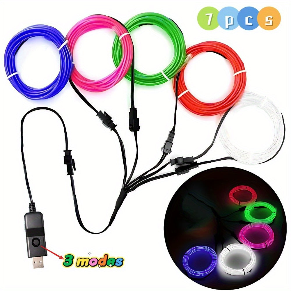 Juego de 7 piezas de 2 metros de largo de cable EL luminoso, con interruptor de controlador USB y 3 modos, cable EL de luz fría, cadena de luces decorativas de bricolaje, accesorios de baile fluorescentes.