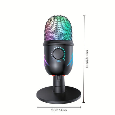 Micrófono de condensador USB universal para computadora, con base, iluminación RGB, reducción de ruido, chip avanzado, plug and play, ideal para juegos, canto, transmisiones en vivo, videoconferencias y podcasting