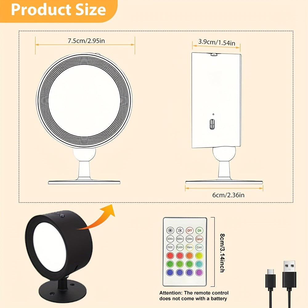 2 luces LED ambientales para pared, 12 colores RGB + 2 colores, rotación 360°, con control remoto, carga USB, luz decorativa con marco LED, iluminación portátil para interiores, ideal para lectura, noche y dormitorio, perfecta para salas, habitaciones, p