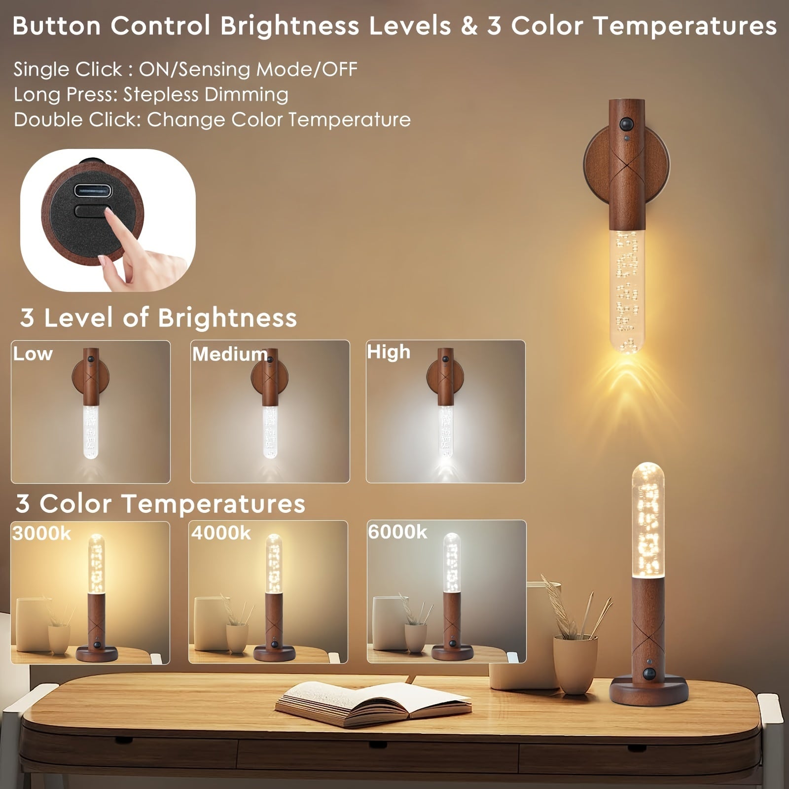 2 Piezas de Aplique con Sensor de Movimiento Recargable, Luces LED Portátiles Magnéticas para Escaleras y Dormitorio, Alimentadas por Batería, Color Marrón Oscuro, Iluminación Cálida Blanca