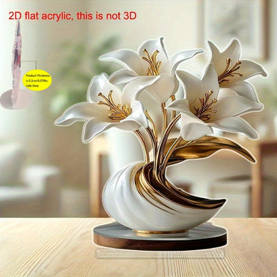 Estatuilla Decorativa Plana en 2D | Adorno de Flor de Lirio y Jarrón de Acrílico - Elección Ideal para Dormitorio, Sala de Estar y Oficina | Adecuado para Hogar, Café, Boda, Aniversario, Ceremonia de Graduación