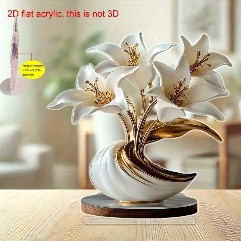 Estatuilla Decorativa Plana en 2D | Adorno de Flor de Lirio y Jarrón de Acrílico - Elección Ideal para Dormitorio, Sala de Estar y Oficina | Adecuado para Hogar, Café, Boda, Aniversario, Ceremonia de Graduación