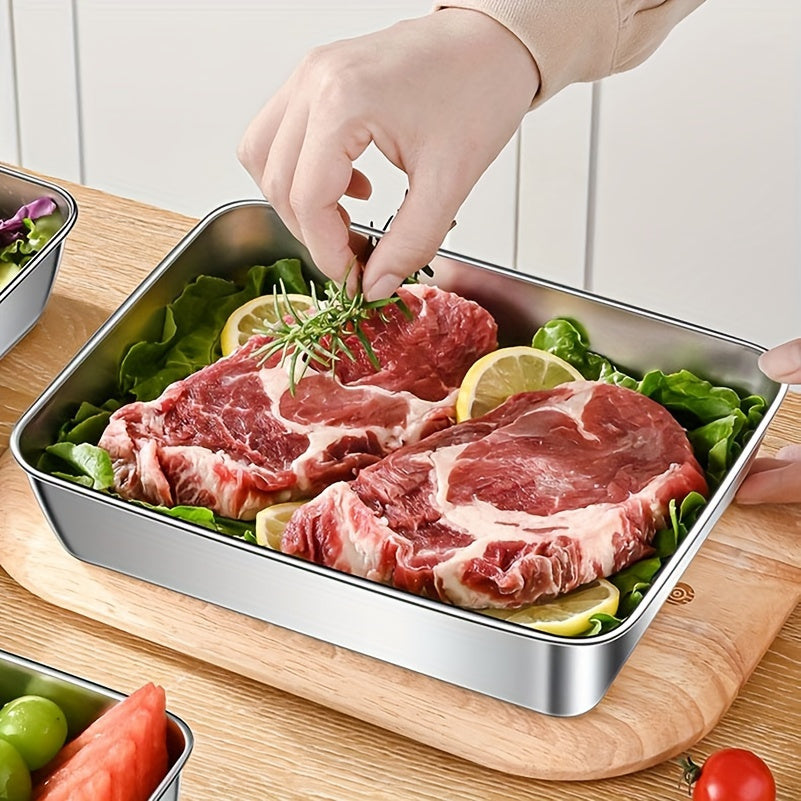 Conjunto de almacenamiento de alimentos de acero inoxidable con 5 piezas - Contenedores cuadrados grandes, reutilizables y versátiles para carne, frutas y verduras - Ideal para acampar, al aire libre y uso doméstico, organizador de cocina apilable