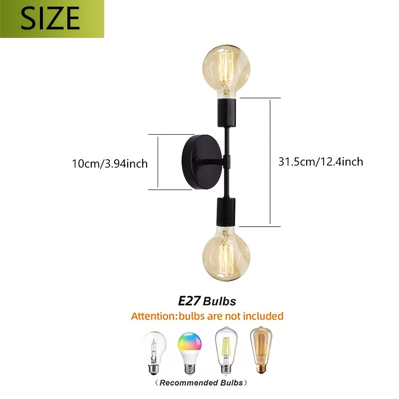Linterna de Pared Negra Minimalista Moderna, Base de Bombilla E27 de 2 Luces, Hierro Fundido, para Sala de Estar, Comedor, Pasillo, Dormitorio - Sin Bombillas Incluidas, Luz Grande para Sala de Estar