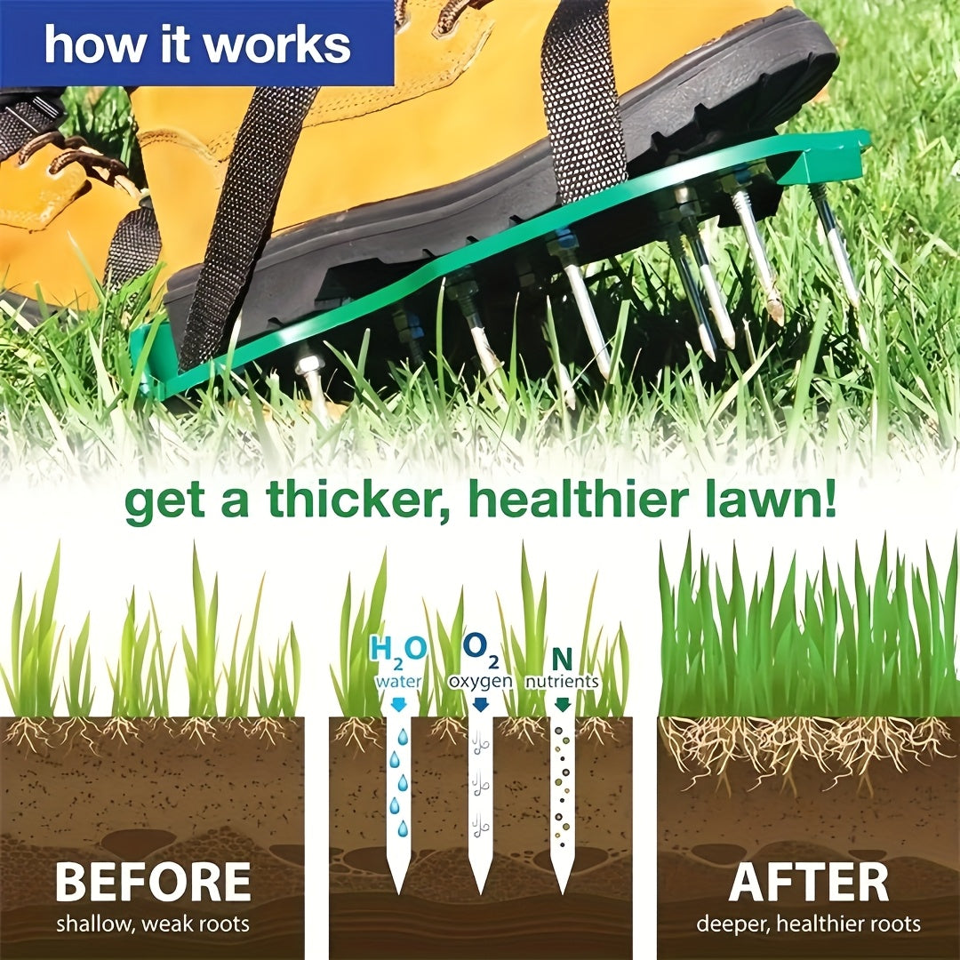 Par de Zapatos con Púas para Jardín - Aerador Manual de Suelo con Correas Ajustables, Clavos de Plástico/Metal Duraderos para el Cuidado del Césped y Trabajo en el Jardín - Herramienta para Aflojar la Tierra Uniformemente para Propietarios y Paisajistas