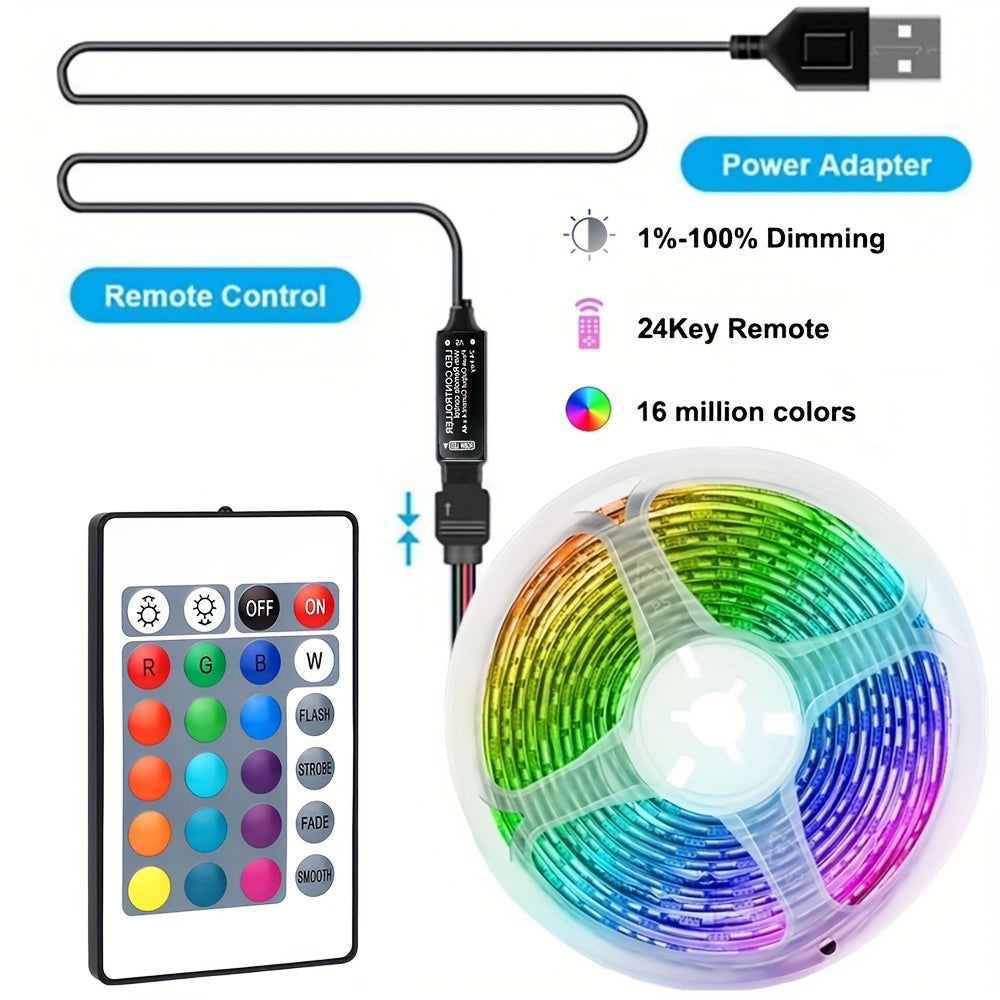 1pc Tira de luces LED RGB con mando a distancia, iluminación de cinta flexible alimentada por USB, control infrarrojo, montaje en pared y escritorio, cambio de color, control de tecla, cubierta de luz de vidrio, batería de botón no recargable, para decor