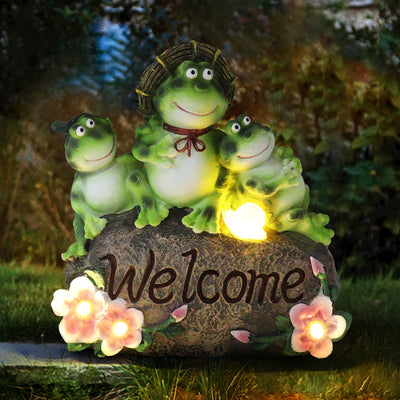 1 pieza de estatua solar de rana para jardín, decorada con luces LED, adorno exterior resistente al clima, adornado con patrones florales, ideal para césped y decoración de patio o jardín