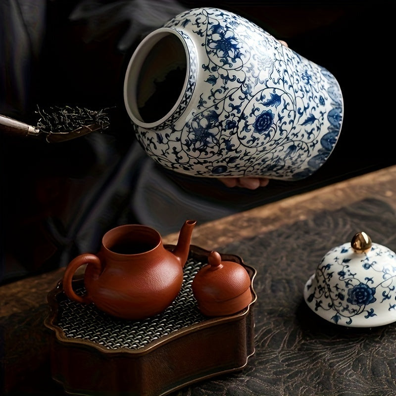 1pc Tarro de Almacenamiento de Cerámica de Porcelana Azul y Blanca Vintage con Tapa Abatible - Contenedor Redondo Multiusos para Granos de Café, Cereales, Comida para Mascotas - Lavado a Mano, Reutilizable, No Necesita Electricidad
