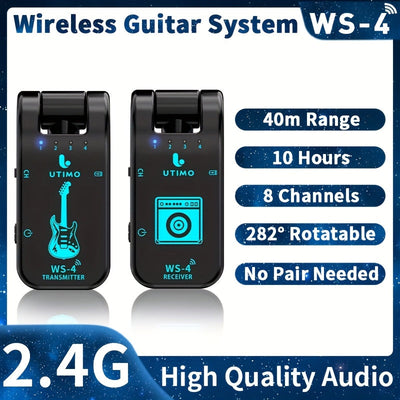 Conjunto de Transmisor y Receptor de Guitarra Recargable Inalámbrico 2.4G para Guitarra Eléctrica, Bajo, Instrumentos de Viento Eléctricos Plug and Play Transmisión en Tiempo Real de 48K/16bit con Conector Rotativo de 282 Grados