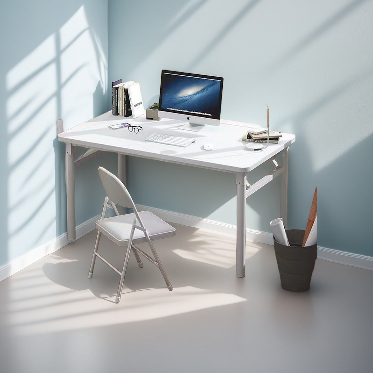 Escribanía plegable blanca moderna - Diseño minimalista y tono blanco, fácil de integrar en diferentes entornos domésticos y de oficina, estructura de madera dura con marco, incluye silla, no requiere energía eléctrica, adecuada para todas las estaciones.