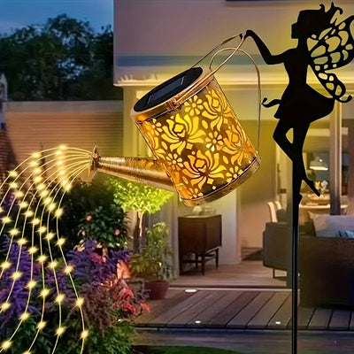 1 regadera solar con luces LED de hadas, decoración metálica para exteriores, ideal para jardín, césped o fiestas, regalo perfecto para mamá, vecinos y amigos