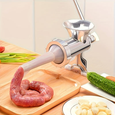 Picadora de Carne Manual y Triturador de Verduras - Relleno de Salchichas de Doble Función con Base de Hierro Fundido Reforzado, Diseño Antioxidante - Electrodoméstico Manuál para Uso Doméstico y Restaurantero, Acabado Metálico Elegante, Herramienta de C