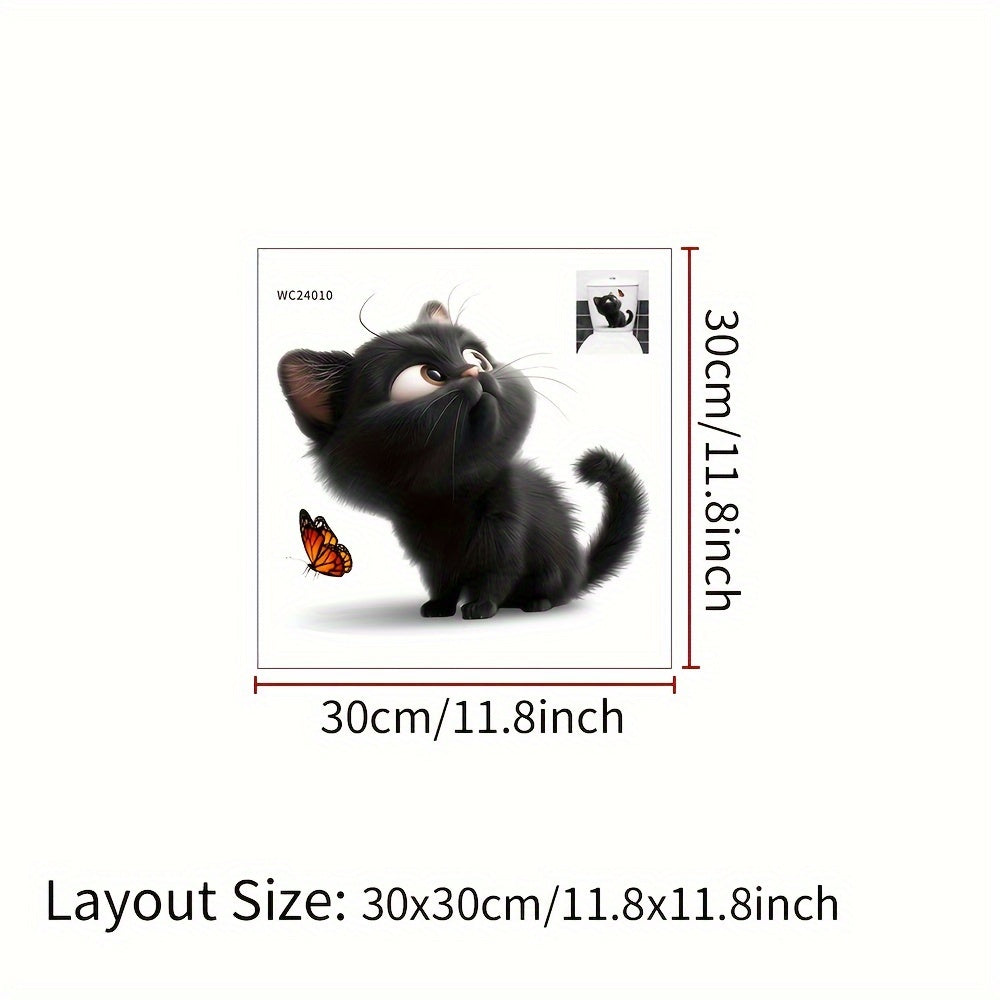 1pc Pegatina con diseño de gato lindo y mariposa, calcomanía de pared autoadhesiva, calcomanía para tapa de inodoro, plástico, decoración de baño, decoración estética del hogar, decoración de la habitación, embellece tu hogar
