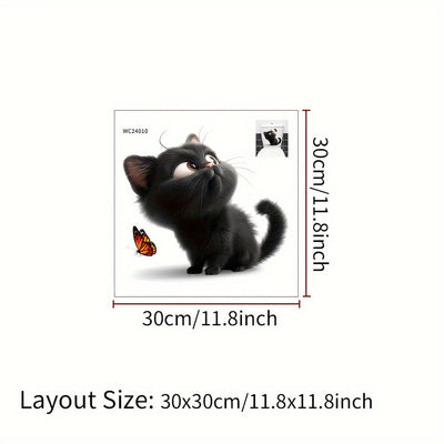 1pc Pegatina con diseño de gato lindo y mariposa, calcomanía de pared autoadhesiva, calcomanía para tapa de inodoro, plástico, decoración de baño, decoración estética del hogar, decoración de la habitación, embellece tu hogar