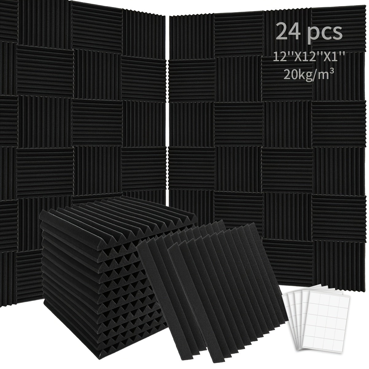 Conjunto de 24 Paneles Aislantes de Sonido Acústico de Alta Densidad, 30.48cm x 30.48cm x 2.54cm Azulejos de Espuma Ignífuga para Estudio, Dormitorio, Sala de Conferencias, Cine en Casa y Sala de Juegos - Mejora la Absorción del Sonido y Seguridad contra