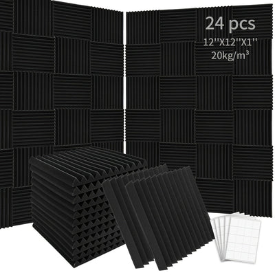 Conjunto de 24 Paneles Aislantes de Sonido Acústico de Alta Densidad, 30.48cm x 30.48cm x 2.54cm Azulejos de Espuma Ignífuga para Estudio, Dormitorio, Sala de Conferencias, Cine en Casa y Sala de Juegos - Mejora la Absorción del Sonido y Seguridad contra