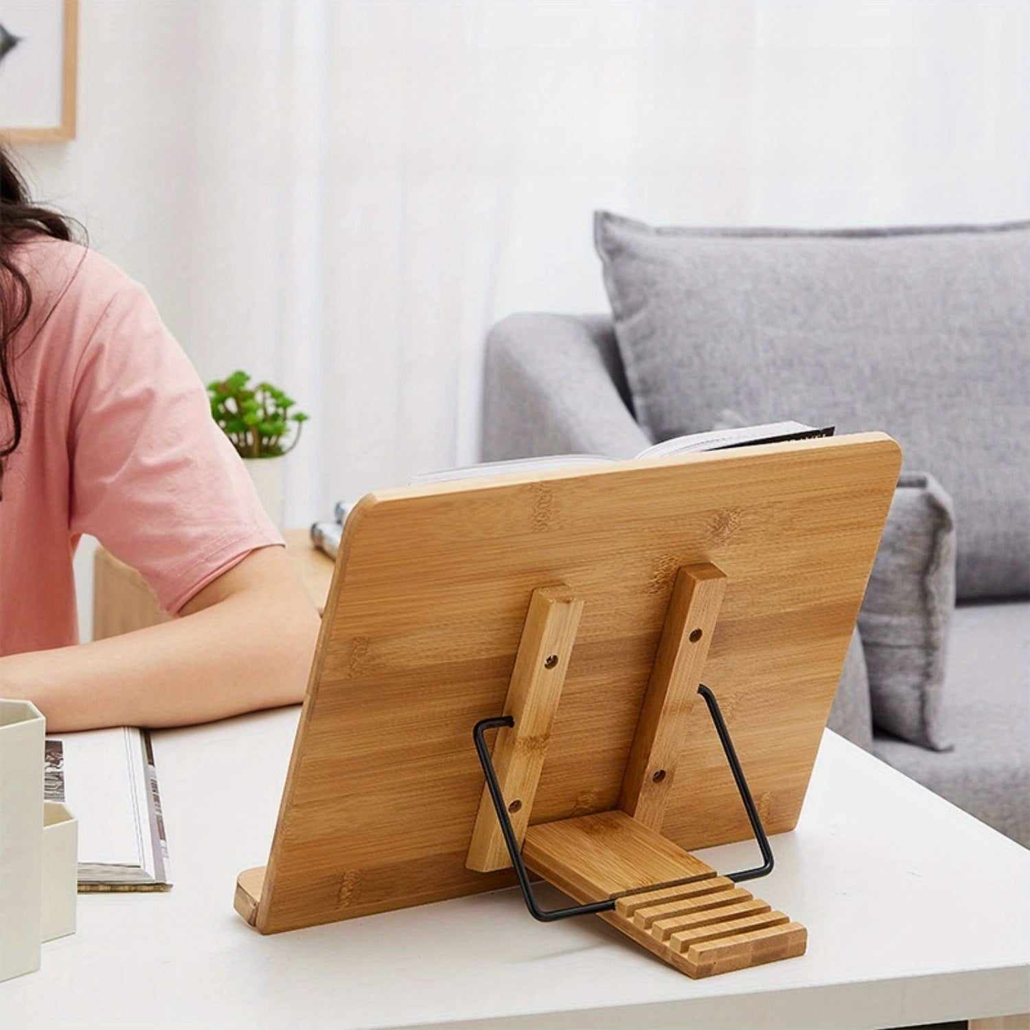 Estantería y soporte de bambú extragrande para lectura sin manos de libros grandes en la cama, recetas, libros de texto, derecho con 5 soportes ajustables en altura para portátiles, Organizador de escritorio y cajón para almacenamiento doméstico