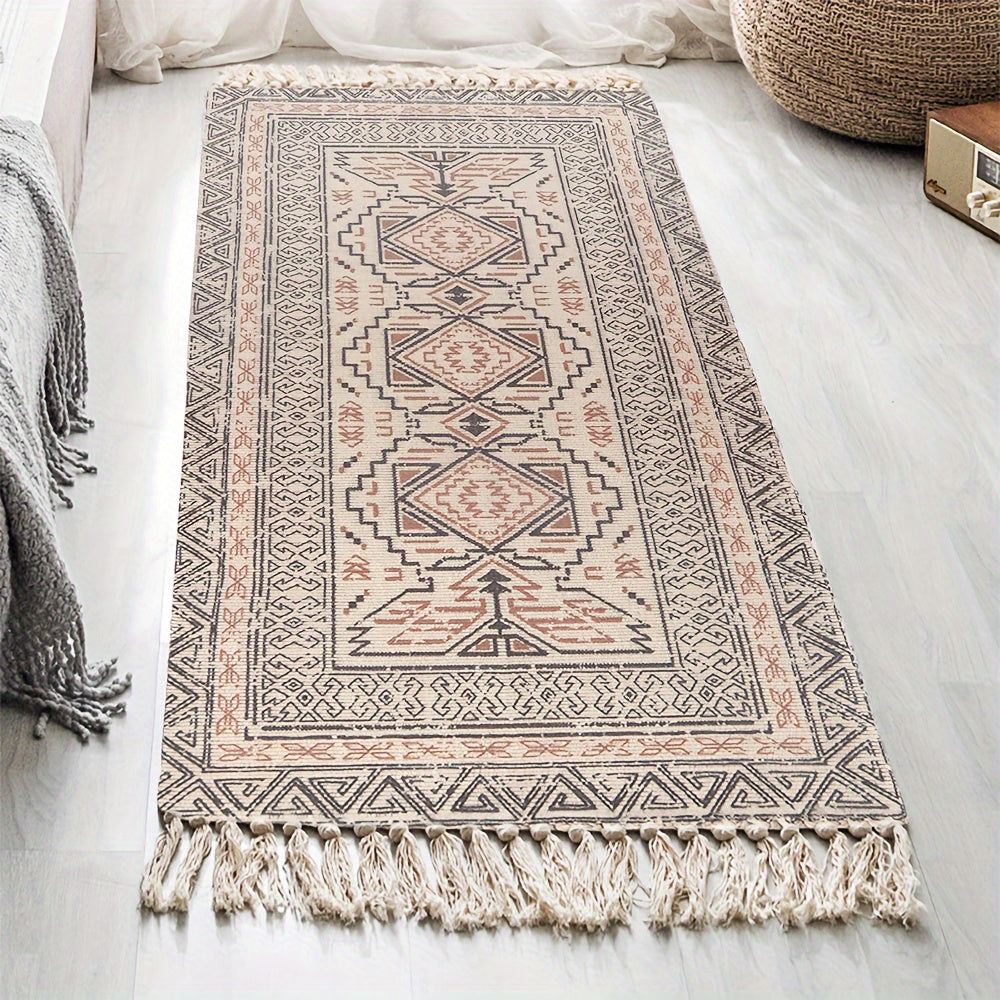1 pieza de alfombra de estilo nórdico étnico tejida a mano con borlas - Patrón geométrico en rojo, azul, blanco y beige, tejido de poliéster lavable para decoración de sala de estar, dormitorio o oficina en casa, alfombras para sala de estar.