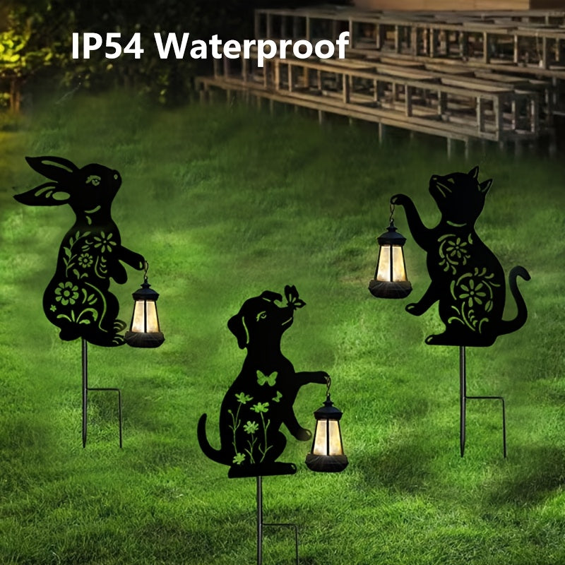 1pieza Lámpara de silueta de gato, perro y conejo alimentada por energía solar - Luz de jardín LED duradera para exteriores, impermeable IP54, ideal para decoración de patio y jardín, iluminación exterior | Diseño juguetón | Lámpara alimentada por energí