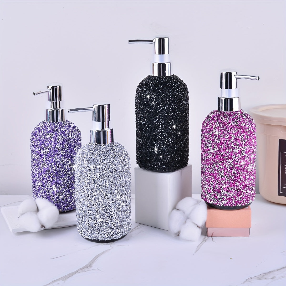 Dispensador de Jabón de 500ml con Incrustaciones de Diamantes - Tipo de Presión, Botella Recargable para Champú, Gel de Ducha y Loción - Accesorio Elegante para el Baño