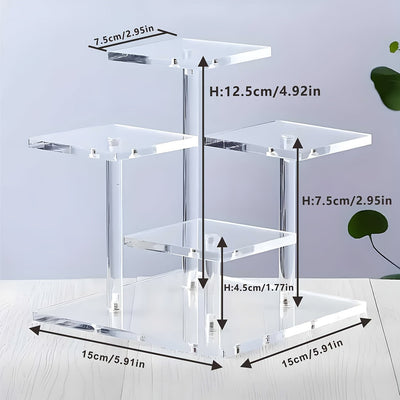 1 Soporte de exhibición moderno y transparente de acrílico - 4 estantes cuadrados desmontables para especias, figuritas, perfumes y joyas, adecuado para almacenamiento de escritorio en dormitorio y sala de estar.