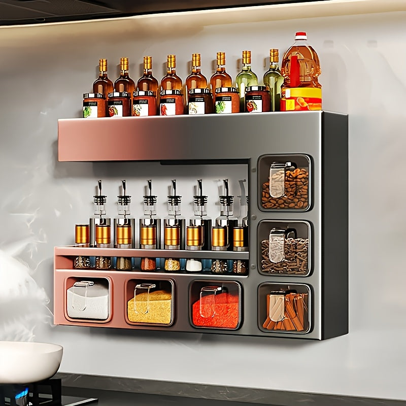 Joybos Estante de Especias de Metal Montado en la Pared con 6 Contenedores Colgantes para Especias - Sellado para Resistencia a la Humedad, Instalación Rápida, Ideal para Almacenamiento de Condimentos de Alimentos