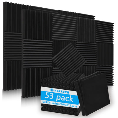 53 Paquete de paneles de espuma acústica negra, 30,48X30,48X2,54 cm de alta densidad para insonorización para estudios de grabación, teatros en casa, oficinas, salas de música, salas de juegos - Baldosas de espuma para reducción de ruido para paredes y t