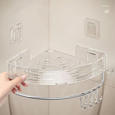 Estante de esquina transparente: Organizador para baño o cocina - Montado en la pared, adecuado para varios tipos de habitaciones, con 5 ganchos para almacenamiento adicional Decoraciones de Halloween y Navidad