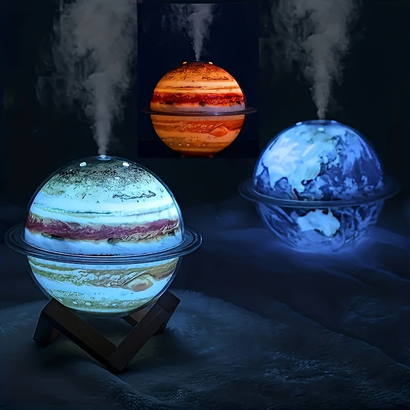 Humidificador USB Creativo de Planeta con Luces LED Coloridas - Difusor de Aromaterapia de 330ml, Decoración Silenciosa para Escritorio en Dormitorio o Sala de Estar, Base de Madera, Alimentado por USB (Batería No Incluida), Efecto Nebulosa | Base Establ
