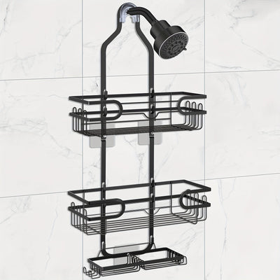 Organizador de Baño Colgante Ajustable de 3 Niveles en Negro con Ventosas - Sin Taladro, con Ganchos y Plato para Jabón, Soporte de Ducha, Cesta