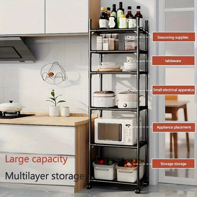 Carro de almacenamiento metálico de 6 niveles con ruedas y ganchos - Organizador de gran capacidad para cocina, baño y organización del hogar - Negro, sin necesidad de ensamblaje, carro de almacenamiento de cocina, unidad de estantería versátil, carro de
