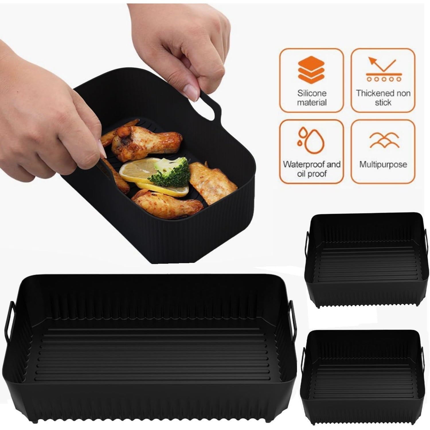 Conjunto de 3 Revestimientos de Silicona Antiadherentes para Freidora Ninja AF500UK y Cajón Foodi Flex - Bandejas Acanaladas Grandes de 5.19L/10.41L, Accesorios para Frígoro Profundo para Cocina Saludable, Utensilios de Cocina | Revestimientos Antiadhere