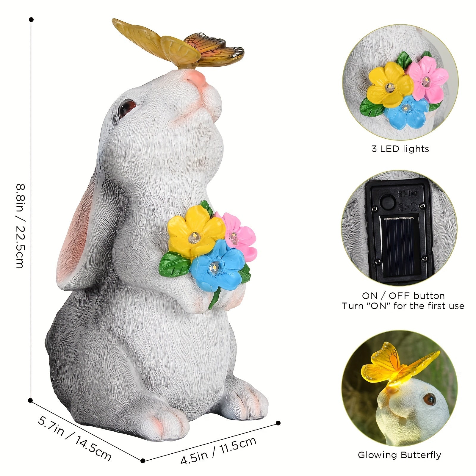 Estatuilla de Conejo Decorativa para Exteriores con Luz Solar en Forma de Mariposa IPX4, Estatua de Jardín para Patio, Balcón o Césped - Regalos Únicos para Inauguración de Casa